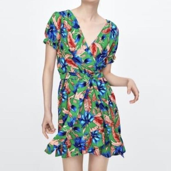 ZARA tropical floral print wrap dress xs - Picture 2 of 16
